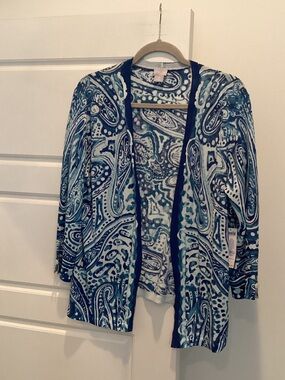 Chico's Blue & Teal Paisley Open-Front Cardigan